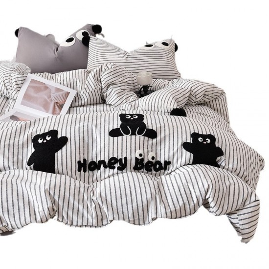 Cute cartoon washed cotton four-piece bed set, pure cotton quilt cover, children's three-piece fitted sheet set, type A Cute cartoon washed cotton four-piece bed set, pure cotton quilt cover, children's three-piece fitted sheet set, type A