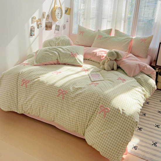 INS four-piece bow-knot washed cotton set, girly towel embroidered plaid quilt cover, three-piece set for student dormitories INS four-piece bow-knot washed cotton set, girly towel embroidered plaid quilt cover, three-piece set for student dormitories
