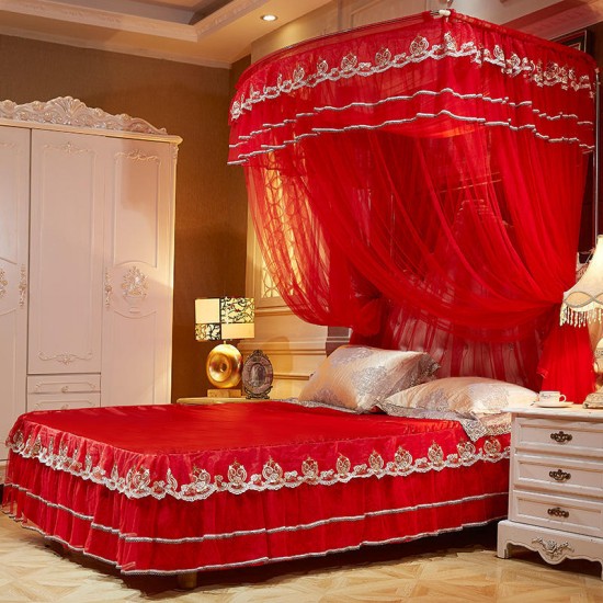 Red retractable mosquito net, 1.8m floor-standing bed with three doors, U-shaped bed curtains for newlyweds. Red retractable mosquito net, 1.8m floor-standing bed with three doors, U-shaped bed curtains for newlyweds.