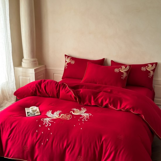 High-end Chinese wedding four-piece set, bright red, washed cotton quilt cover, wedding quilt, newlyweds' dowry bedding High-end Chinese wedding four-piece set, bright red, washed cotton quilt cover, wedding quilt, newlyweds' dowry bedding
