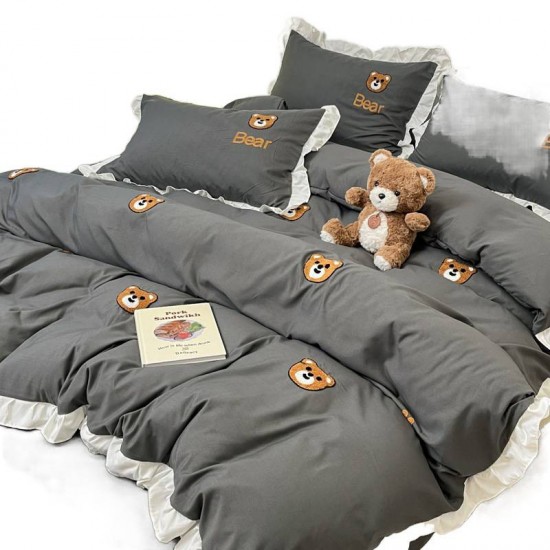 2025 new winter cartoon washed cotton brushed four-piece set, cute girls' sheets and quilt covers, three-piece bedding set