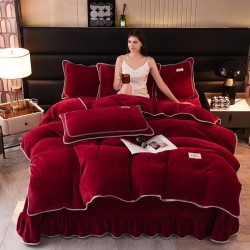 Thickened, warm, solid color milk velvet four-piece set, winter coral velvet duvet cover, mink velvet bed skirt. Thickened, warm, solid color milk velvet four-piece set, winter coral velvet duvet cover, mink velvet bed skirt.