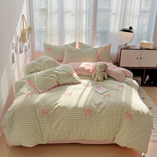 INS four-piece bow-knot washed cotton set, girly towel embroidered plaid quilt cover, three-piece set for student dormitories INS four-piece bow-knot washed cotton set, girly towel embroidered plaid quilt cover, three-piece set for student dormitories