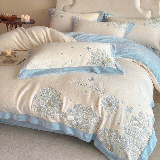 High-end embroidered milk fleece four-piece set, 2025 new plush duvet cover, thickened winter coral flannel sheet.
