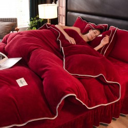Thickened, warm, solid color milk velvet four-piece set, winter coral velvet duvet cover, mink velvet bed skirt. Thickened, warm, solid color milk velvet four-piece set, winter coral velvet duvet cover, mink velvet bed skirt.