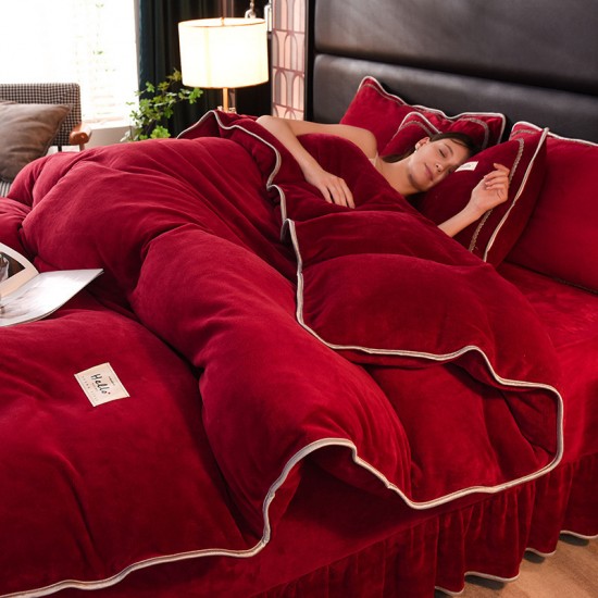 Thickened, warm, solid color milk velvet four-piece set, winter coral velvet duvet cover, mink velvet bed skirt.