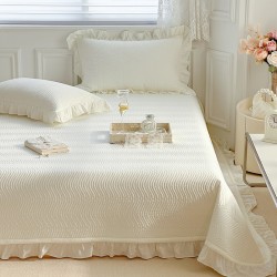 Free shipping on Korean double-sided washed cotton and linen bed cover, three-piece lace white quilted, non-slip bed sheet set for spring and summer.