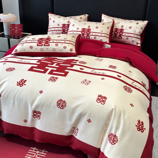 Chinese-style wedding four-piece set, red bed sheet and quilt cover, wedding bedding, wedding room wedding quilt fiber Chinese-style wedding four-piece set, red bed sheet and quilt cover, wedding bedding, wedding room wedding quilt fiber