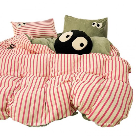 INS dopamine striped milk velvet four-piece set, thickened winter French coral fleece duvet cover, plush bed sheet three-piece set.