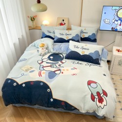 Astronaut milk fleece four-piece set, boys' winter thick coral fleece bed sheet and quilt cover, flannel three-piece set for children Astronaut milk fleece four-piece set, boys' winter thick coral fleece bed sheet and quilt cover, flannel three-piece set for children
