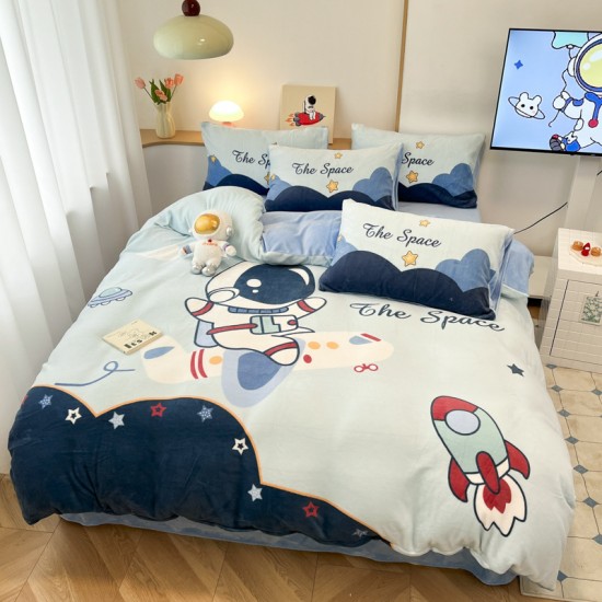 Astronaut milk fleece four-piece set, boys' winter thick coral fleece bed sheet and quilt cover, flannel three-piece set for children Astronaut milk fleece four-piece set, boys' winter thick coral fleece bed sheet and quilt cover, flannel three-piece set for children