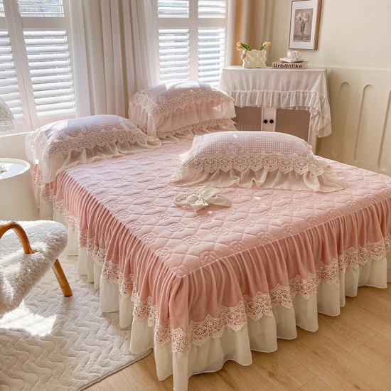 Bed skirt, single-piece, princess-style, milk coral fleece, quilted, thickened lace bed cover, bed sheet with skirt and apron. Bed skirt, single-piece, princess-style, milk coral fleece, quilted, thickened lace bed cover, bed sheet with skirt and apron.