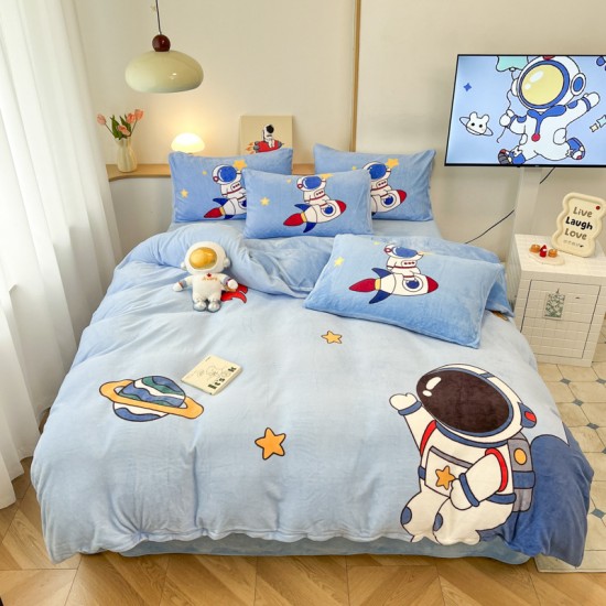 Astronaut milk fleece four-piece set, boys' winter thick coral fleece bed sheet and quilt cover, flannel three-piece set for children Astronaut milk fleece four-piece set, boys' winter thick coral fleece bed sheet and quilt cover, flannel three-piece set for children