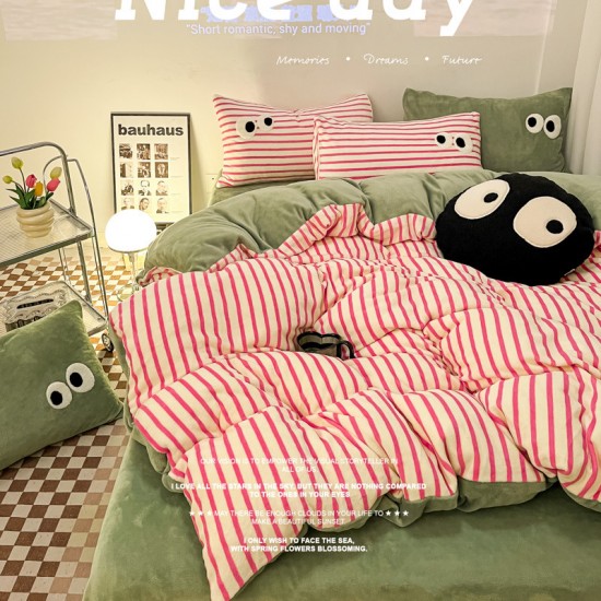 INS dopamine striped milk velvet four-piece set, thickened winter French coral fleece duvet cover, plush bed sheet three-piece set.