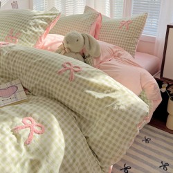 INS four-piece bow-knot washed cotton set, girly towel embroidered plaid quilt cover, three-piece set for student dormitories INS four-piece bow-knot washed cotton set, girly towel embroidered plaid quilt cover, three-piece set for student dormitories