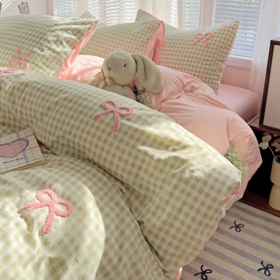 INS four-piece bow-knot washed cotton set, girly towel embroidered plaid quilt cover, three-piece set for student dormitories INS four-piece bow-knot washed cotton set, girly towel embroidered plaid quilt cover, three-piece set for student dormitories