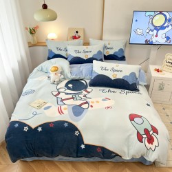 Astronaut milk fleece four-piece set, boys' winter thick coral fleece bed sheet and quilt cover, flannel three-piece set for children Astronaut milk fleece four-piece set, boys' winter thick coral fleece bed sheet and quilt cover, flannel three-piece set for children