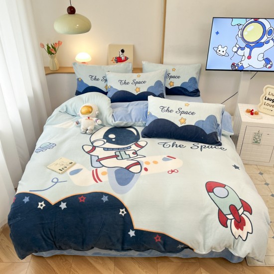 Astronaut milk fleece four-piece set, boys' winter thick coral fleece bed sheet and quilt cover, flannel three-piece set for children Astronaut milk fleece four-piece set, boys' winter thick coral fleece bed sheet and quilt cover, flannel three-piece set for children
