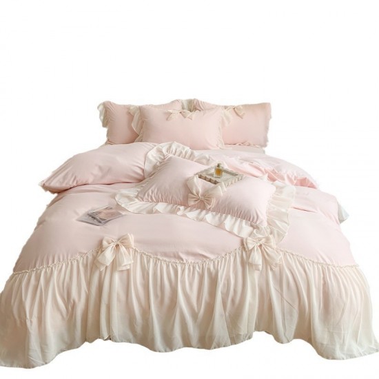 Korean solid color four-piece bed set, ultra-soft cotton quilt cover, non-slip sheets, lace pillowcases with bows Korean solid color four-piece bed set, ultra-soft cotton quilt cover, non-slip sheets, lace pillowcases with bows