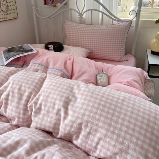 MUJI-style hemp rope washed cotton four-piece bed set, simple plaid bed sheet, duvet cover, dormitory three-piece fitted sheet.