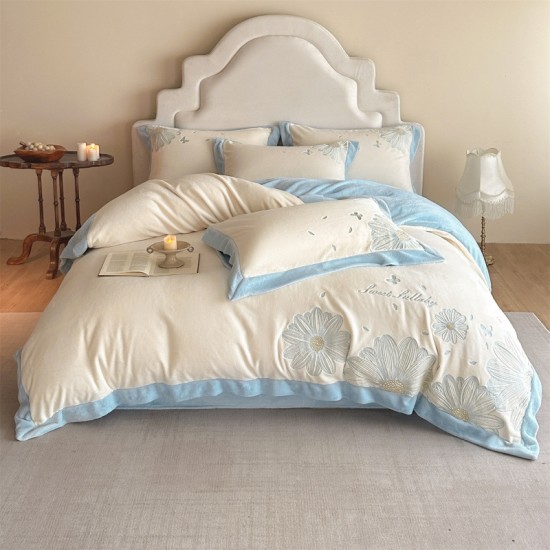 High-end embroidered milk fleece four-piece set, 2025 new plush duvet cover, thickened winter coral flannel sheet.
