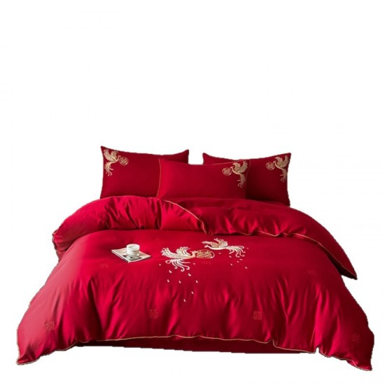 High-end Chinese wedding four-piece set, bright red, washed cotton quilt cover, wedding quilt, newlyweds' dowry bedding High-end Chinese wedding four-piece set, bright red, washed cotton quilt cover, wedding quilt, newlyweds' dowry bedding