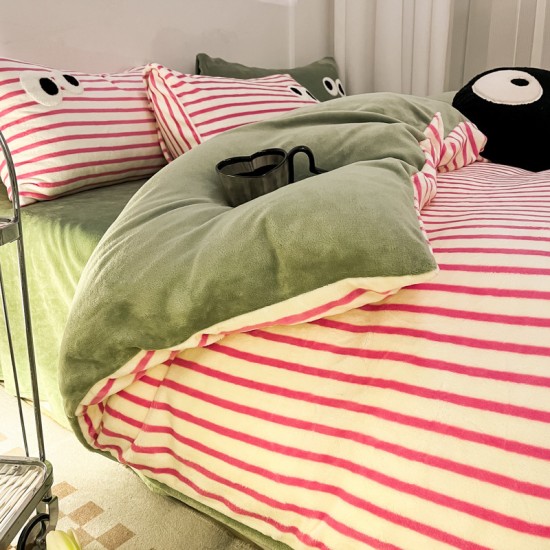 INS dopamine striped milk velvet four-piece set, thickened winter French coral fleece duvet cover, plush bed sheet three-piece set.