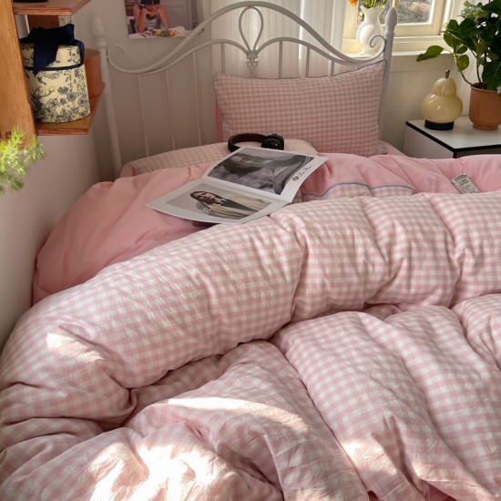 MUJI-style hemp rope washed cotton four-piece bed set, simple plaid bed sheet, duvet cover, dormitory three-piece fitted sheet.