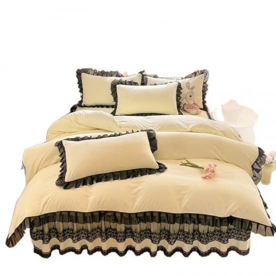 French fiber four-piece bed set, Hepburn-style, skin-friendly cotton bedspread, lace quilt cover, four-season use French fiber four-piece bed set, Hepburn-style, skin-friendly cotton bedspread, lace quilt cover, four-season use