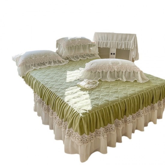 Bed skirt, single-piece, princess-style, milk coral fleece, quilted, thickened lace bed cover, bed sheet with skirt and apron. Bed skirt, single-piece, princess-style, milk coral fleece, quilted, thickened lace bed cover, bed sheet with skirt and apron.