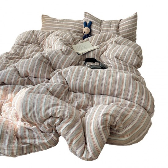 Simple colorful striped washed cotton four-piece bedding set, MUJI-style, ultra-soft waxed quilt cover, three-piece student bed sheet set. Simple colorful striped washed cotton four-piece bedding set, MUJI-style, ultra-soft waxed quilt cover, three-piece student bed sheet set.
