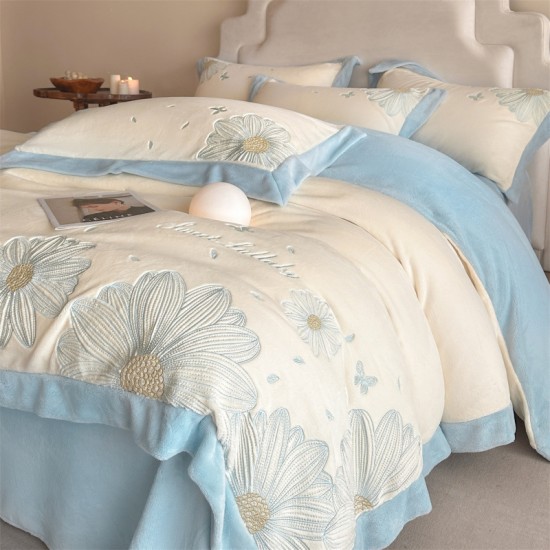 High-end embroidered milk fleece four-piece set, 2025 new plush duvet cover, thickened winter coral flannel sheet.