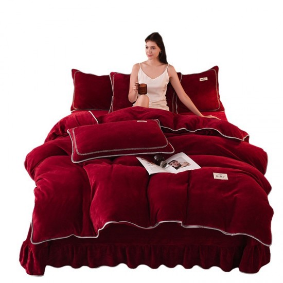 Thickened, warm, solid color milk velvet four-piece set, winter coral velvet duvet cover, mink velvet bed skirt.