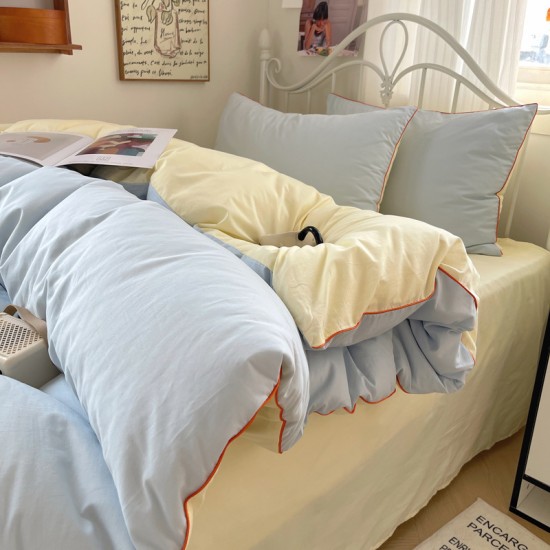 MUJI-style hemp rope washed cotton four-piece bed set, simple plaid bed sheet, duvet cover, dormitory three-piece fitted sheet.