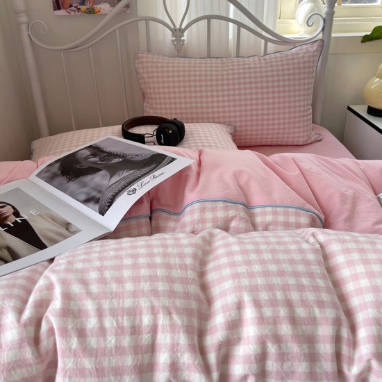 MUJI-style hemp rope washed cotton four-piece bed set, simple plaid bed sheet, duvet cover, dormitory three-piece fitted sheet.
