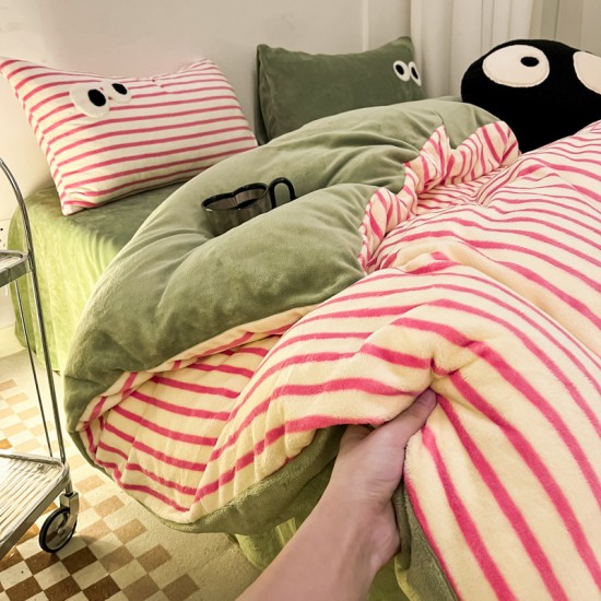 INS dopamine striped milk velvet four-piece set, thickened winter French coral fleece duvet cover, plush bed sheet three-piece set.