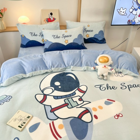 Astronaut milk fleece four-piece set, boys' winter thick coral fleece bed sheet and quilt cover, flannel three-piece set for children Astronaut milk fleece four-piece set, boys' winter thick coral fleece bed sheet and quilt cover, flannel three-piece set for children