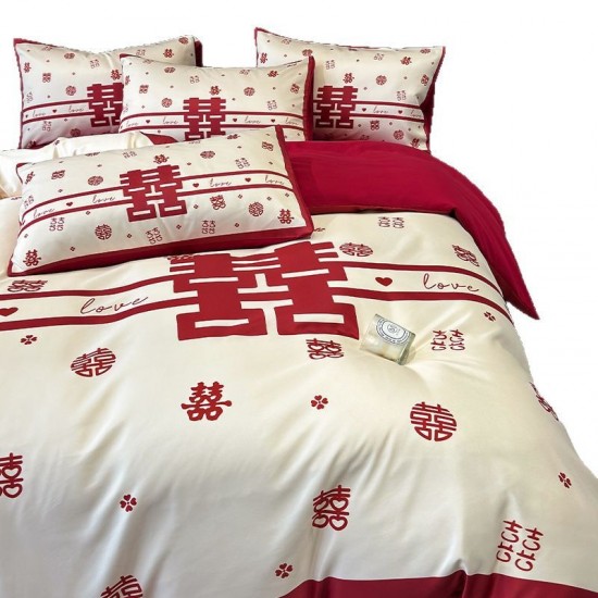 Chinese-style wedding four-piece set, red bed sheet and quilt cover, wedding bedding, wedding room wedding quilt fiber Chinese-style wedding four-piece set, red bed sheet and quilt cover, wedding bedding, wedding room wedding quilt fiber