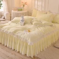Korean princess-style bed skirt, four-piece lace quilt cover, girly solid-color sheets, washed cotton bedding. Korean princess-style bed skirt, four-piece lace quilt cover, girly solid-color sheets, washed cotton bedding.