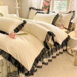 French fiber four-piece bed set, Hepburn-style, skin-friendly cotton bedspread, lace quilt cover, four-season use French fiber four-piece bed set, Hepburn-style, skin-friendly cotton bedspread, lace quilt cover, four-season use